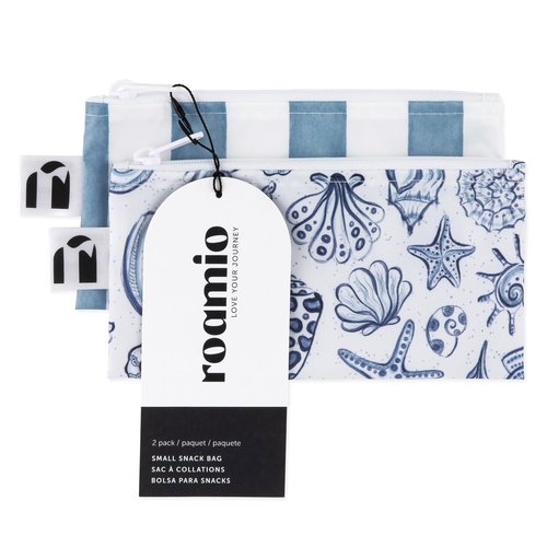 Bumkins Roamio Reusable Snack Bags, for Kids School Lunch and for Adults Portion, Washable Fabric, Waterproof Cloth Zip Bag, Pack Travel Pouch, Food-Safe Storage, 2-pk Nautical Stripe and Blue Shells