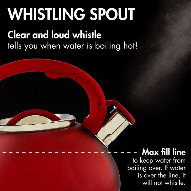 Primula Avalon Whistling Kettle - Whistling Spout, Locking Spout Cover, and Stay-Cool Handle - Stainless Steel - 2.5 Quarts - Matte Red (PAVRE-6225)