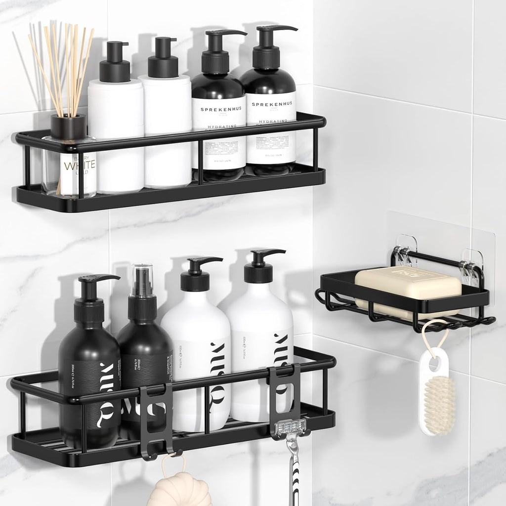 YASONIC Shower Caddy - No Drill Bathroom Organizer with Removable Hooks & Soap Holder | Rust Proof, 3 Pack, Black