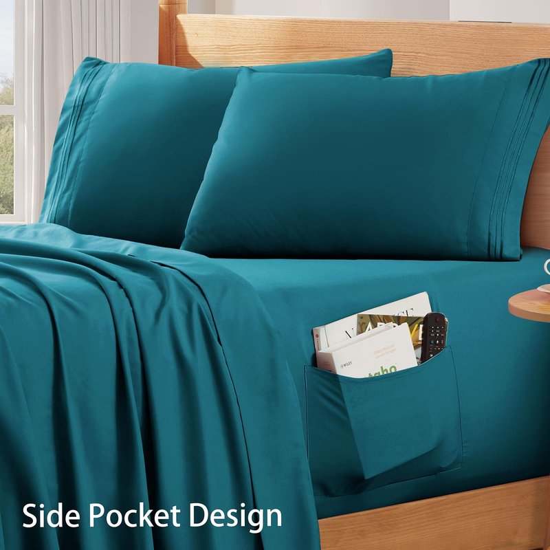SiinvdaBZX Extra Deep Pocket Queen Sheets Set - Fits Mattress Up to 24 Inches Thick - 4 Piece Teal Deep Pocket Sheets for Air Mattress - Soft 1800 Thread Count Fitted Sheet with Side Pocket