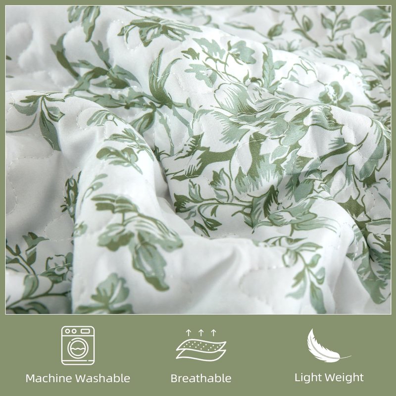 WONGS BEDDING California King Quilt Sets, Sage Green Quilt Bedding Set with 2 Pillowcases, Botanical Quilt for Cal King Bed, Soft Microfiber Lightweight Coverlet Bedspread for All Season (112"×96")