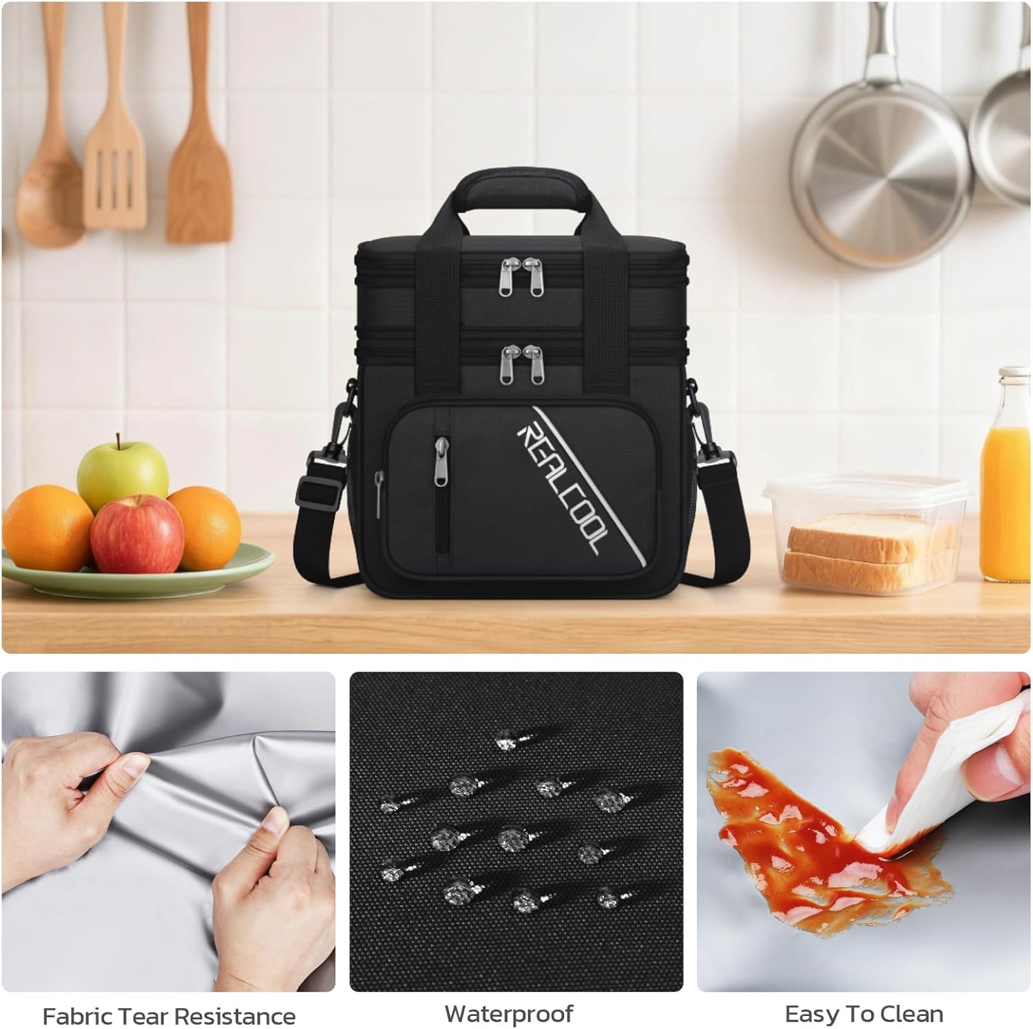 RealCool Insulated Lunch Bag - Double Deck Leakproof Soft Cooler for Work & Travel | Black