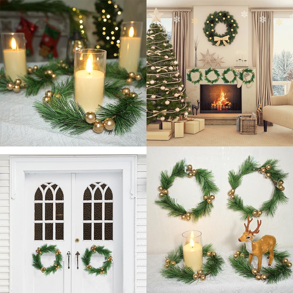 Skiennix Christmas Candle Rings - 4pcs Artificial Golden Berries & Greenery for Table Decor