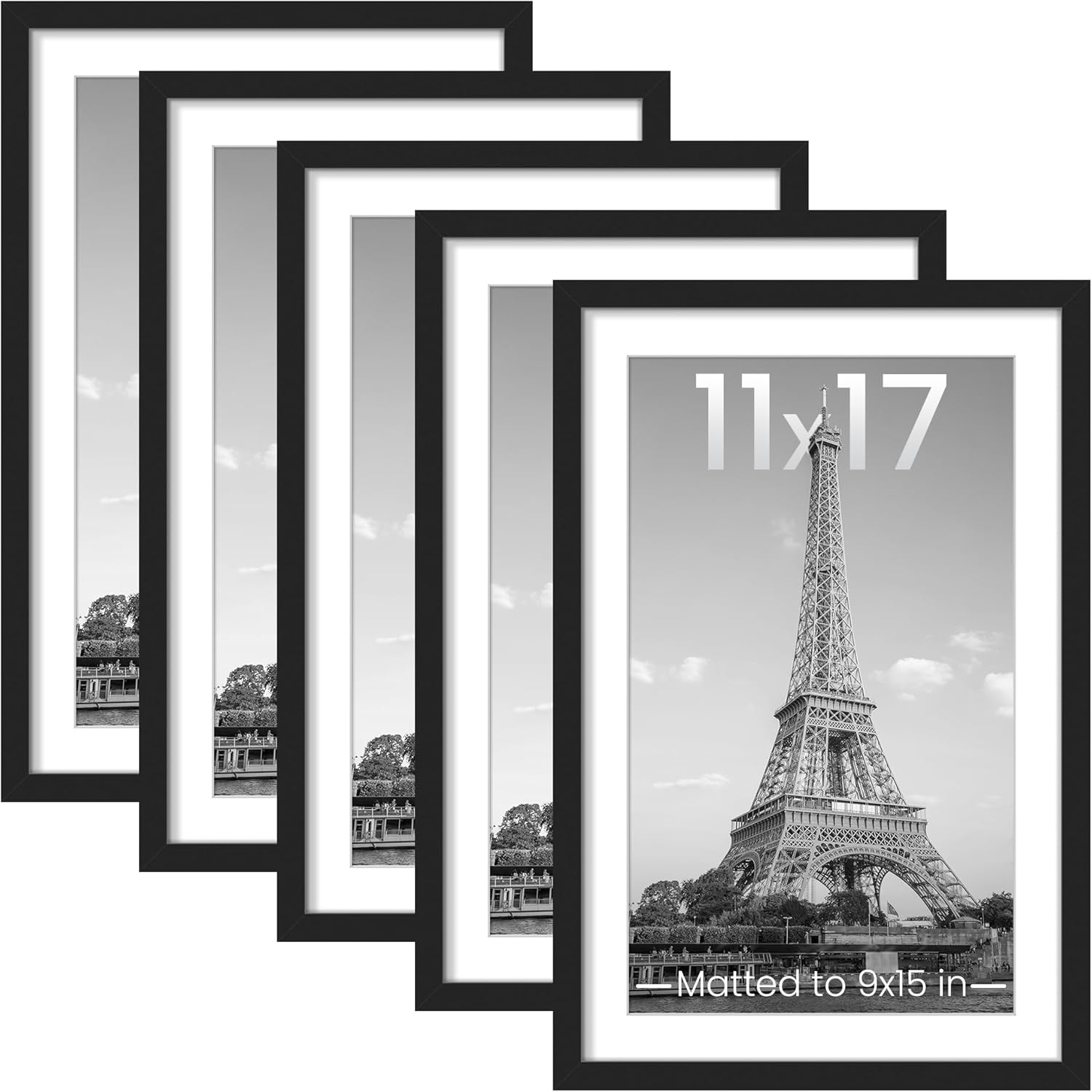 Upsimples 11x17 Picture Frame Set of 5 - Display 9x15 or 11x17 Photos | Stylish Black Wall Gallery