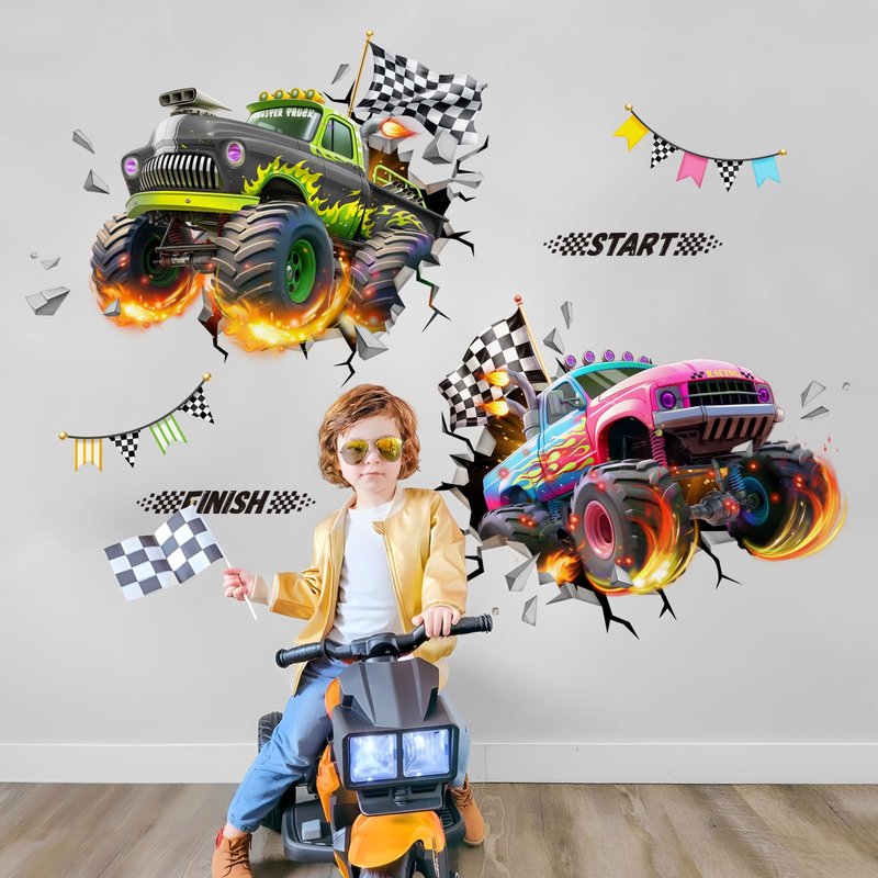 Tanlaby 3D Racing Car Wall Decals Monster Truck Break Through Wall Sticker Peel and Stick Decal for Baby Boys Kids Bedroom Nursery Playroom Decor