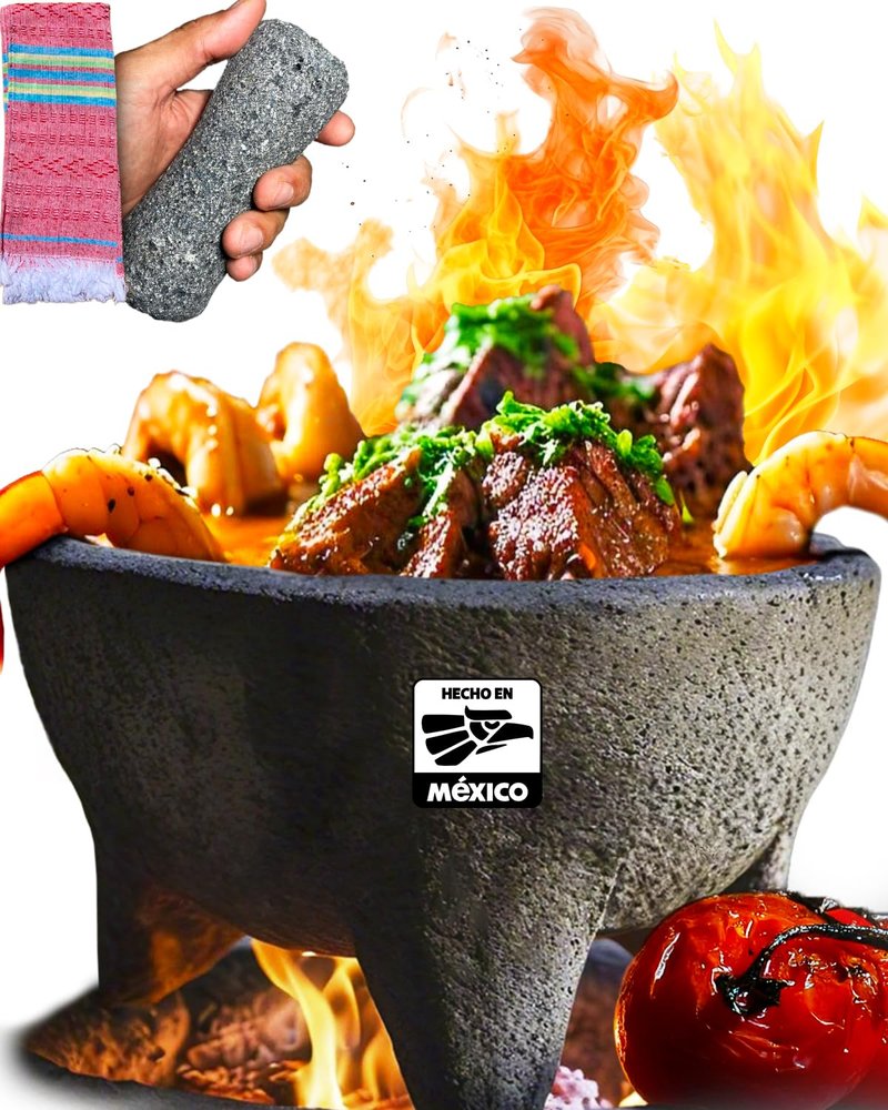 Authentic Molcajete Mexicano Made of Volcanic Rock | 3 Pcs Set (1 Mortar + 1 Pestle + 1 MexTowel) High-Heat Resistant, Mexican Mortar and Pestle Set, Guacamole Bowl and Masher