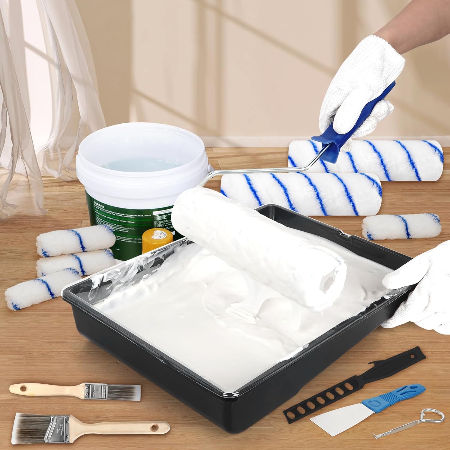Skiennix Paint Roller Kit - 27 Piece Set with Extension Pole 2 to 4 Ft | Includes 4" & 9" Rollers & Brushes for Professional Results