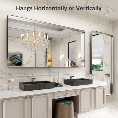 LOAAO Brushed Nickel Bathroom Mirror - 72x32 Inch Rounded Rectangle Design, Anti-Rust & Shatterproof