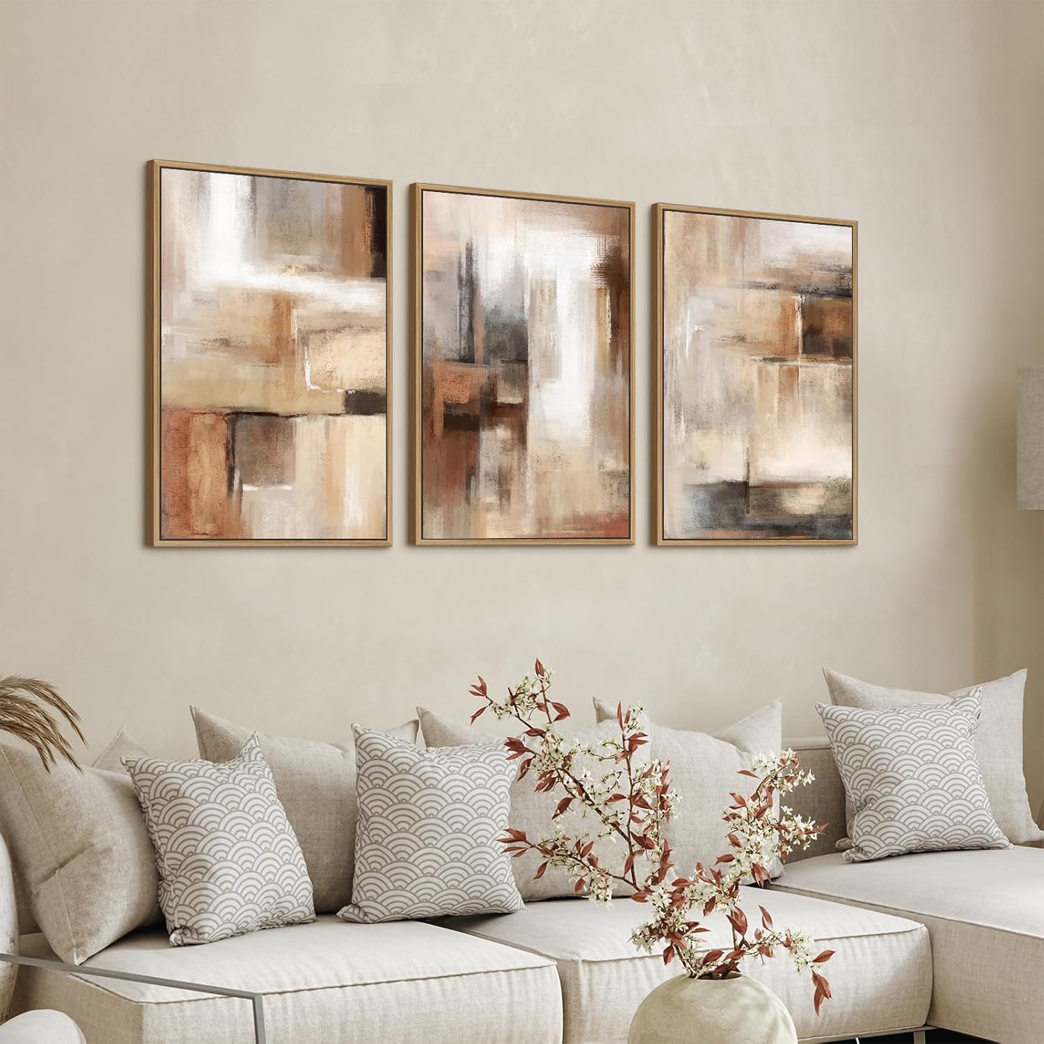 Natural Float Framed Canvas Wall Art by Large Framed | Brown Abstract Paintings for Living Room Decor - Set of 3, 48" X 24"