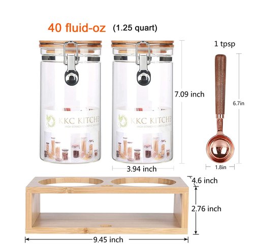 KKC Glass Protein Powder Container, 40oz Airtight Collagen Storage Jars with Bamboo Lids & 1 TBSP Measuring Spoons - Wide Mouth Aesthetic Countertop Dispenser Organizer for Kitchen, Smoothie Bar