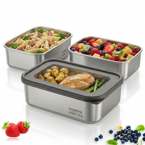 Hommiya Stainless Steel Food Storage Containers with Leak-Proof Silicone Lid, Set of 3(32oz), Reusable Bento Lunch box for Snacks & Meal Prep, Oven/Dishwsher/Freezer Safe