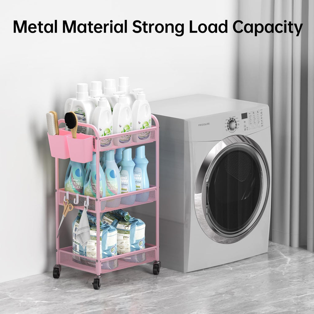 YASONIC 3-Tier Rolling Cart - Metal Utility Storage with Wheels & Hooks | Pink Craft Organizer