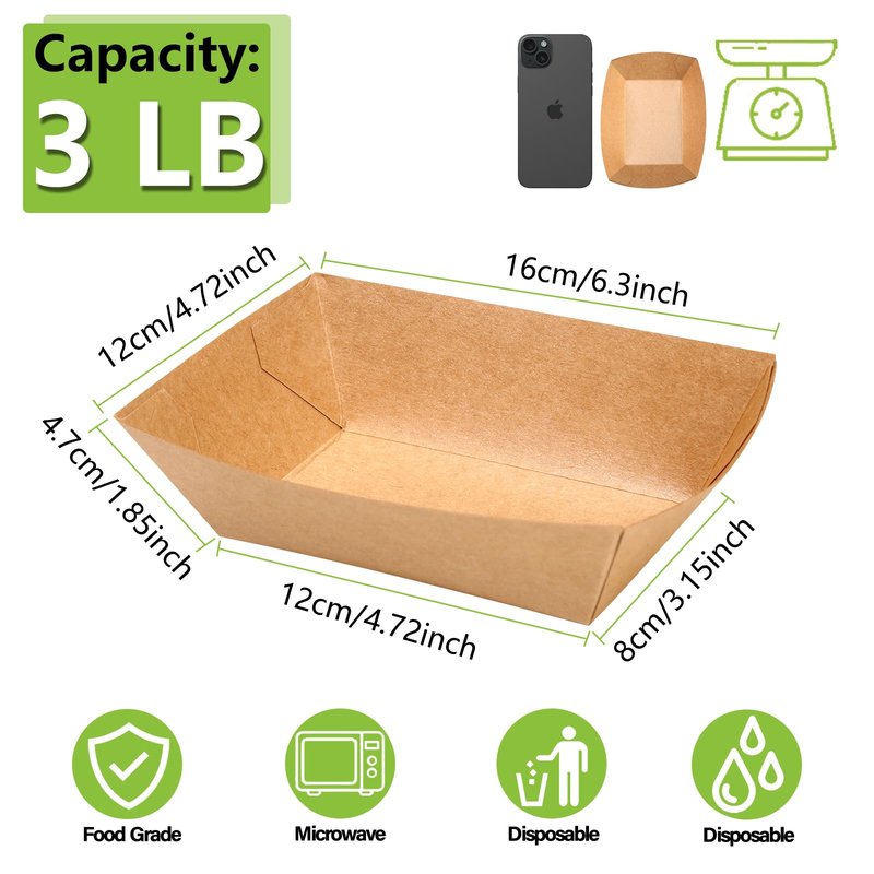 250 Pack 3lb Heavy Duty Kraft Leak Proof Paper Food Boats Disposable Nacho Trays Extra Large Food Serving Holder for Chips, Hot Dogs, Popcorn, Snacks, BBQ, Party, Picnic, Wedding (250)