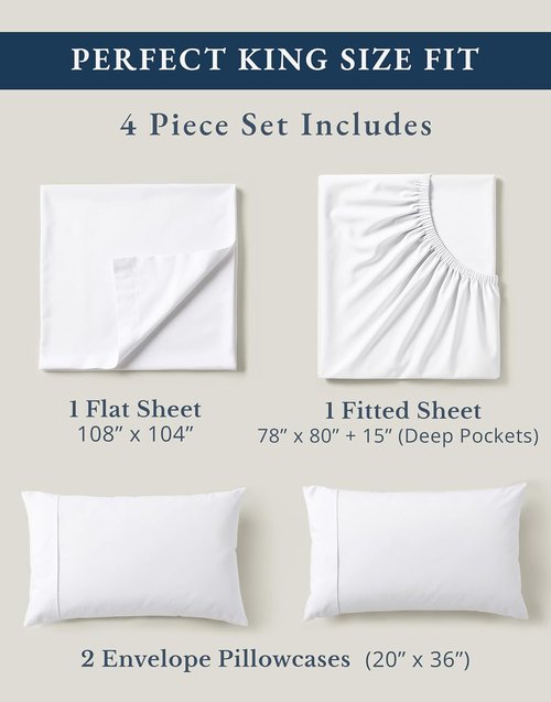 LANE LINEN 100% Organic Cotton King Size Sheets Set - Soft, Breathable & Eco-Friendly White Percale Weave