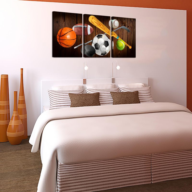 iHAPPYWALL 3 Pieces Vintage Sports Canvas Wall Art Basketball Football Baseball Soccer Hockey Balls Picture Prints for Living Room Bedroom Office Ready To Hang 16x24inchx3pcs