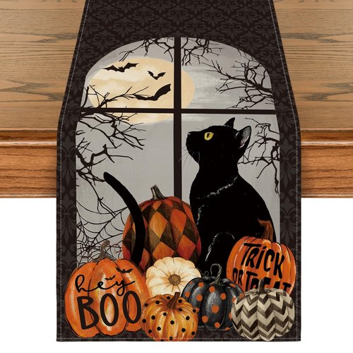 Artoid Mode Black Cat Pumpkins Boo Halloween Table Runner, Trick Or Treat Seasonal Kitchen Dining Table Decoration for Home Party Decor 13x120 Inch