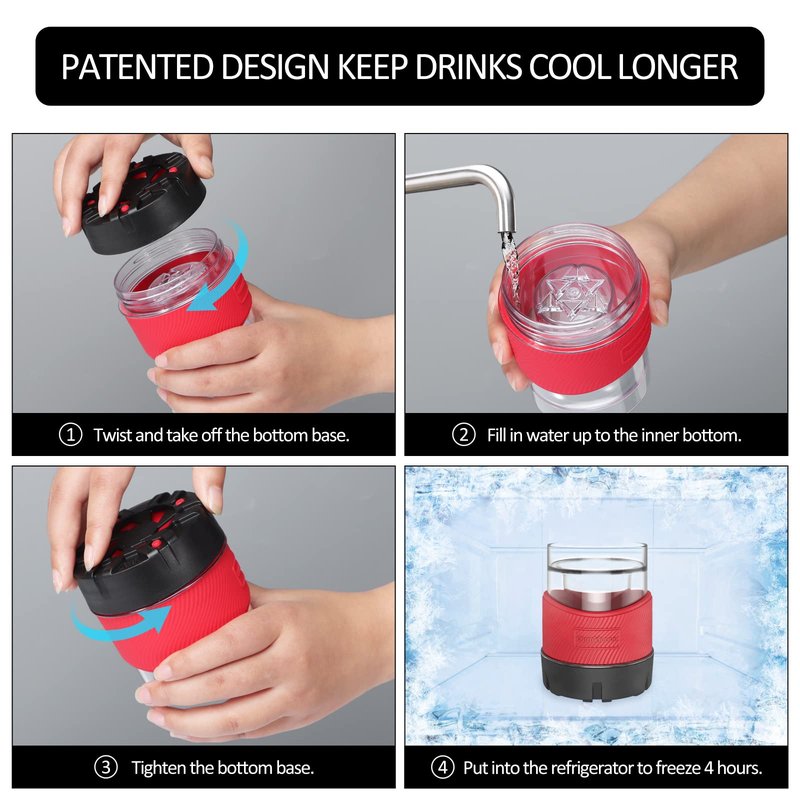 Ourokhome Whiskey Freeze Glasses, Patent Plastic Ice Chiller for Bourbon, Scotch, White Wine, 5 oz Insulated Liquor Tumbler for Men and Women, 2 Sets, with 2 Silicone Cup Mats, Red