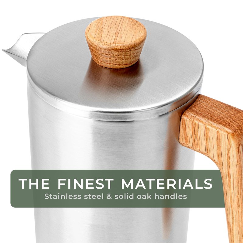 WALDWERK French Press (34 oz) - Stainless Steel Double Wall French Press Coffee Maker - Plastic Free Coffee Press with Oak Wood Handle - Insulated Stainless Steel Coffee Maker
