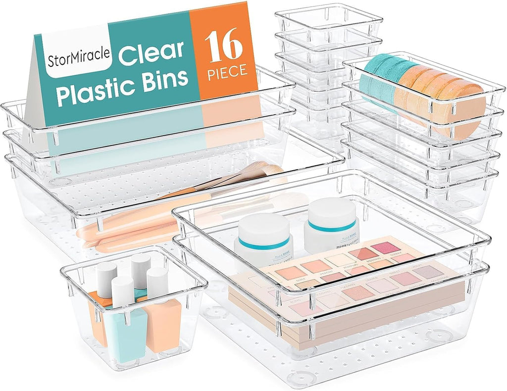 StorMiracle Drawer Organizer Set - 16 PCS Clear Storage Bins for Bathroom & Kitchen | Versatile Sizes for Makeup, Jewelry & Utensils