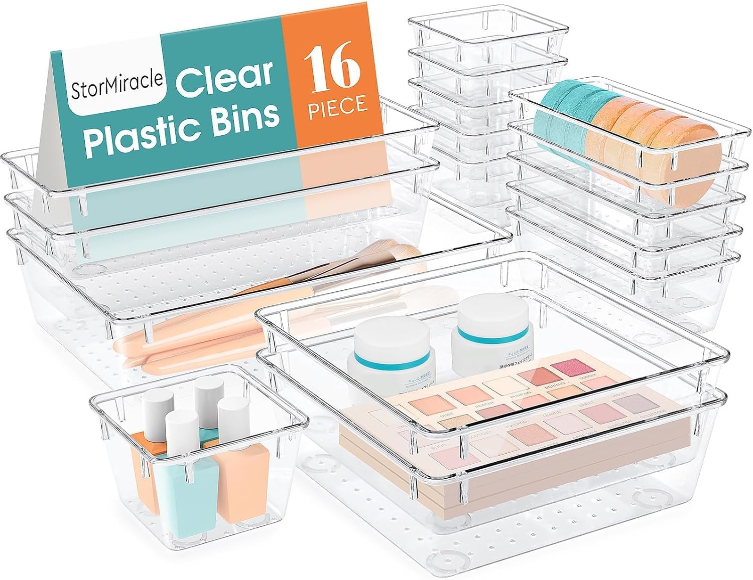 StorMiracle Drawer Organizer Set - 16 PCS Clear Storage Bins for Bathroom & Kitchen | Versatile Sizes for Makeup, Jewelry & Utensils