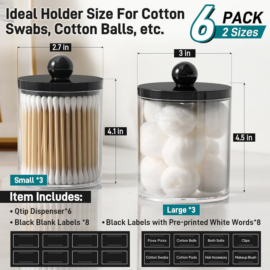 Skiennix Acrylic Qtip Holder Dispenser - 6 Pack Cotton Swab & Makeup Storage Canisters | Clear & Black