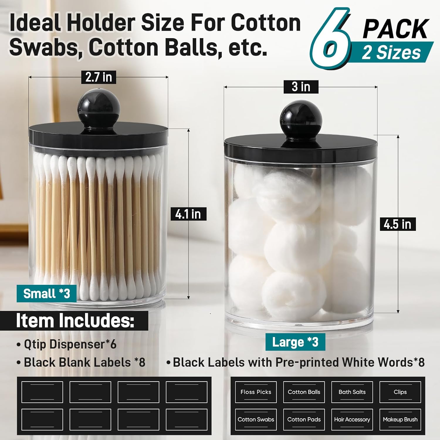 Skiennix Acrylic Qtip Holder Dispenser - 6 Pack Cotton Swab & Makeup Storage Canisters | Clear & Black