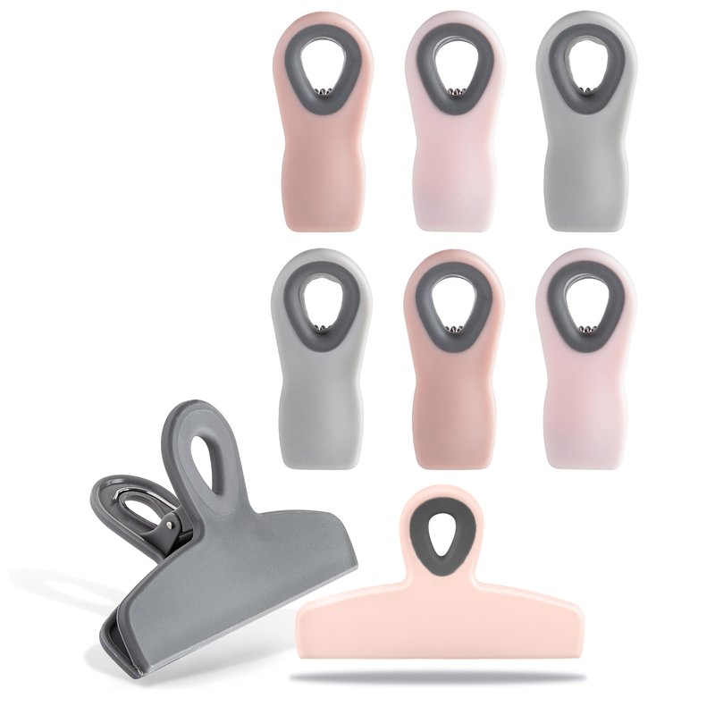 COOK WITH COLOR Bag Clips - Heavy Duty Chip Clip and Refrigerator Magnet Clips for Food Storage with Air Tight Seal Grip, Pink and Grey, Pack of 8
