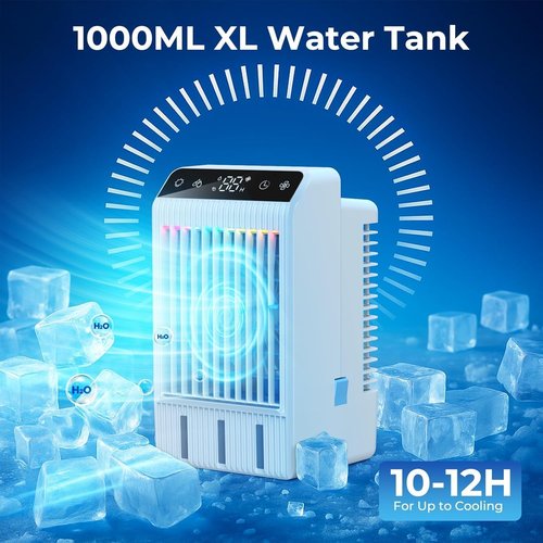 Portable Air Conditioners, Evaporative Mini Room Air Conditioner Cooling Fan, 2~12H Timer, AC Unit Air Cooler with 1000ML Water Tank, AC Portable for Room, Office, Car (White)