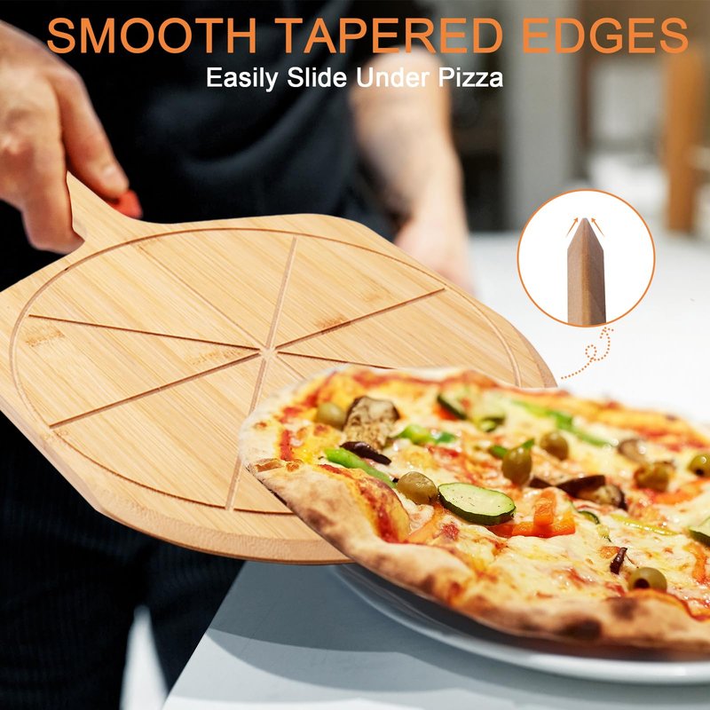 Tvorvik Bamboo Pizza Peel - 18.5"x12.2" with 12" Pizza Cutting Board, Pizza Paddle Spatula with 8 Slice Grooves, also fit for Cheese Bread Fruit Vegetables