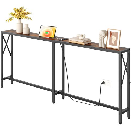 Gewudraw 70 in Skinny Sofa Table Behind Couch, Console Table with Oulets & USB Ports for Hallway, Entryway,Living Room, Bedroom, Rustic Brown