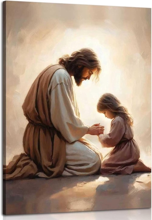 Jesus Praying with Girl Canvas Wall Art - Christian Spiritual Decor for Home & Church | Framed Bible Story Print