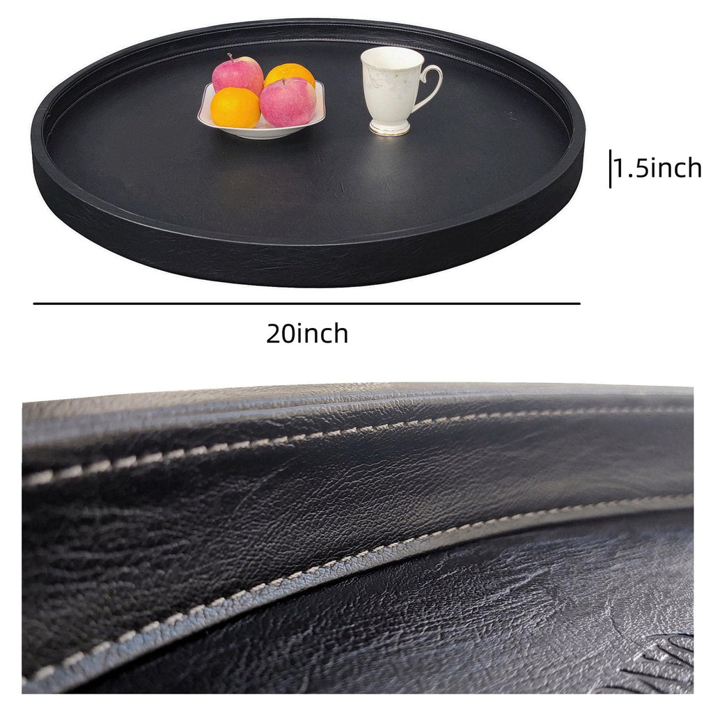 QAVOL 20 x 20 inches High-end Luxury Leather Round Oversized Service Tray, Ottoman & Coffee Tray for Family Dinner, Out-of-House Picnic, Party Essential (20 inch Black)