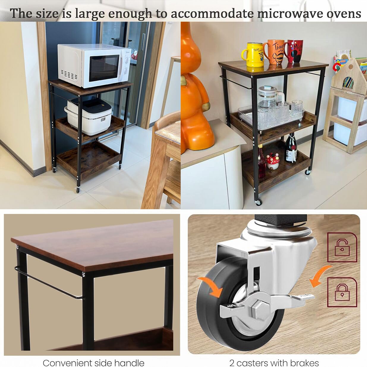Kersiki 3-Tier Rolling Utility Cart with Table Top- Wooden Utility Cart wit Wheels- Kitchen Storage Microwave Table Stand, Mesh Shelves, for Living and Kitchen Room Office (Brown)