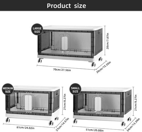 Folding Storage Organizer - Heavy-Duty Plastic Bin with Clear Door | Stackable Design, 3 Sizes (19.5/23.5/27.5in) in Black/White
