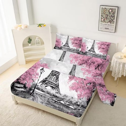 Kxry Pink Paris Fitted Sheet Set - Eiffel Tower Flower French Style Bedding - Full Size for Boys, Kids, Teens, Women - 1 Fitted Sheet + 1 Flat Sheet + 2 Pillow Cases