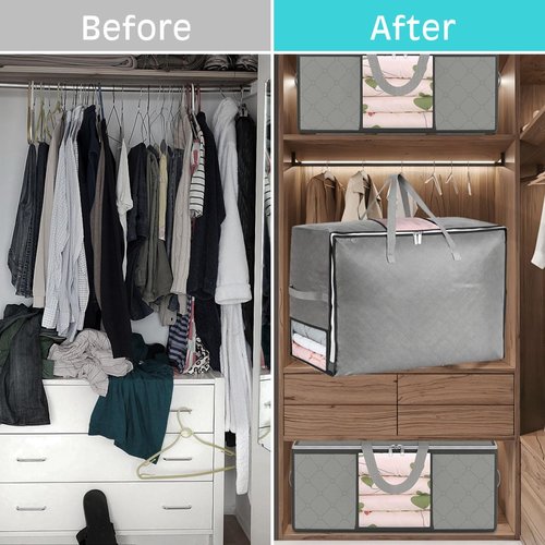 4 Pack Comforter Storage Bags by [Brand Name] - Extra Large Foldable Bedding Organizers with 4 Handles & 3 Clear Windows | Grey