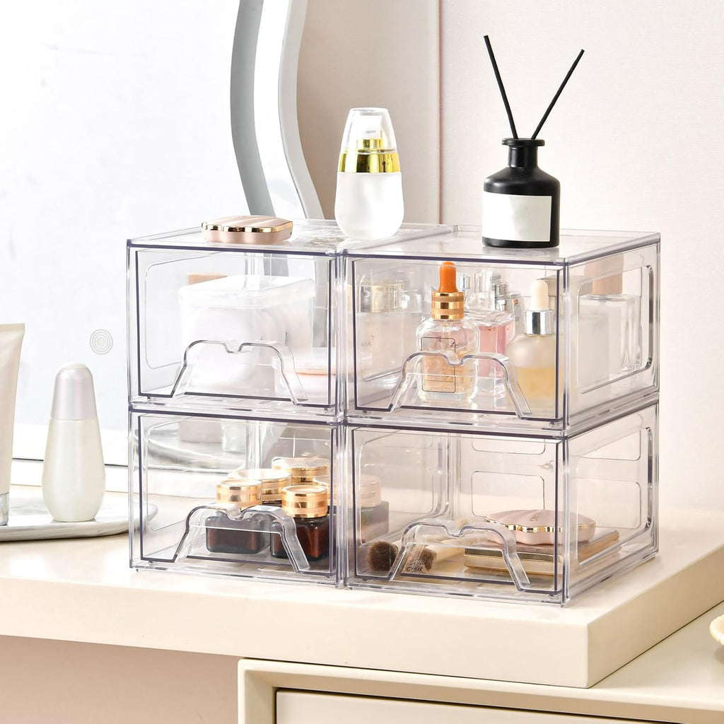 Stebopum Stackable Makeup Organizer - 6 Pack Clear Acrylic Storage Bins with Pull-Out Handle | 4.4'' Tall for Vanity, Kitchen, and More