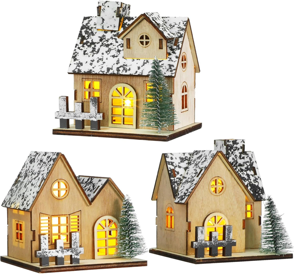 Toyvian Christmas Village Houses Decor - 3 Pcs Glowing Wooden Cabin Set with Lights for Holiday Centerpieces