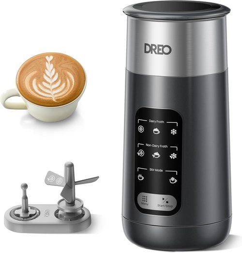 DREO Electric Milk Frother - 8-in-1 Stainless Steel for Latte Art & Coffee | 9oz/270ml, Easy Clean