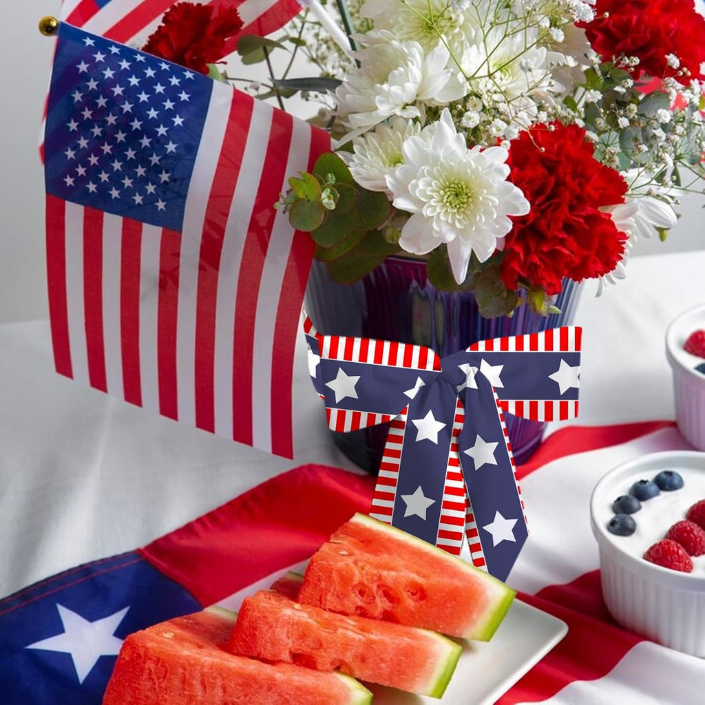 Patriotic 4th of July Wreath Sash - 4.5" x 56" Red & Blue Satin Ribbon with Stars & Stripes