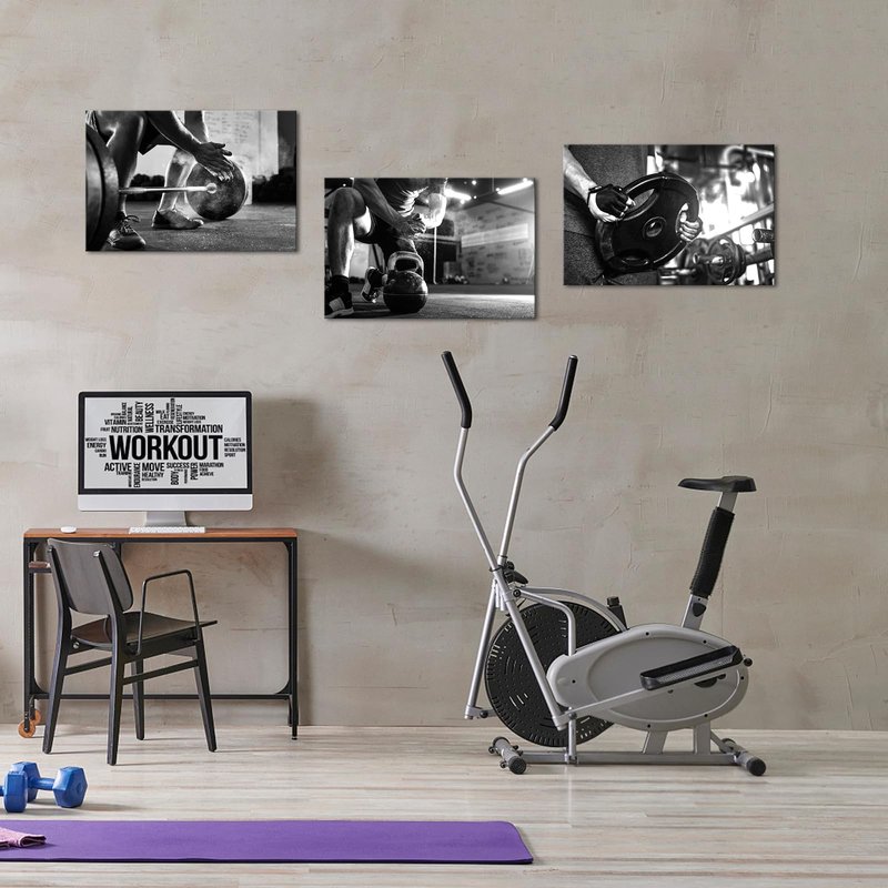 RnnJoile 3 Piece Gym Canvas Wall Art Barbell Painting Prints Black White Sport Picture Framed Ready to Hang 16" x20 (Medium)
