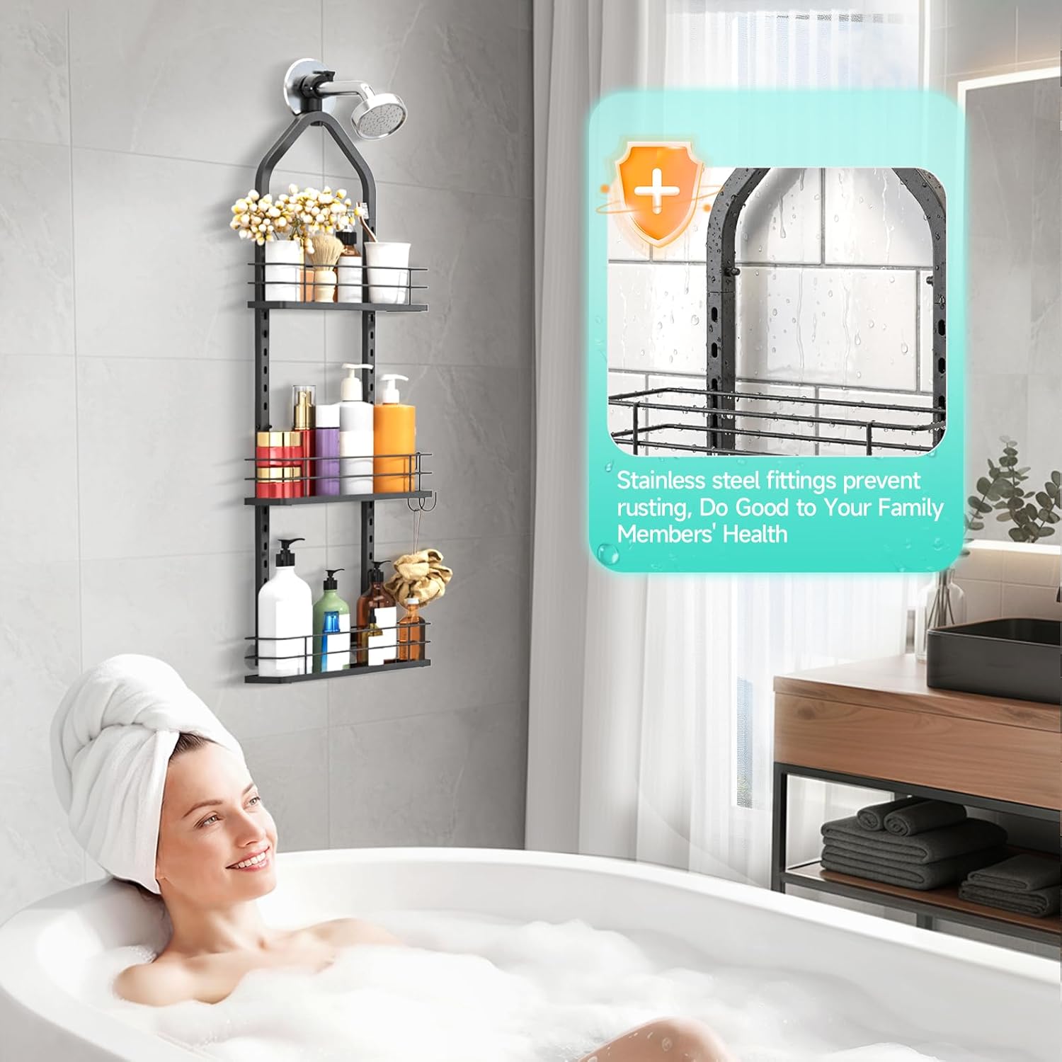 Skiennix Shower Caddy - Adjustable 3-Tier Bathroom Organizer with Anti-Swing Design | Durable Storage Solution