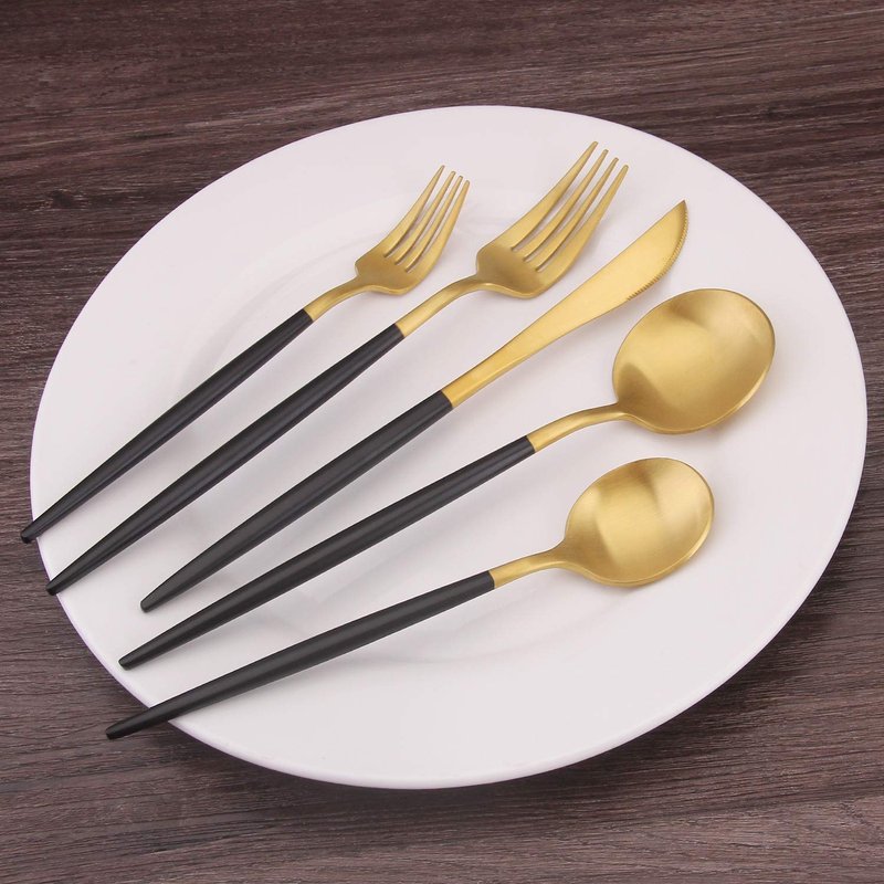 Matte Gold Silverware Set with black handle, Bysta 20-Piece Stainless Steel Flatware Set, Kitchen Utensil Set Service for 4, Tableware Cutlery Set for Home and Restaurant, Dishwasher Safe