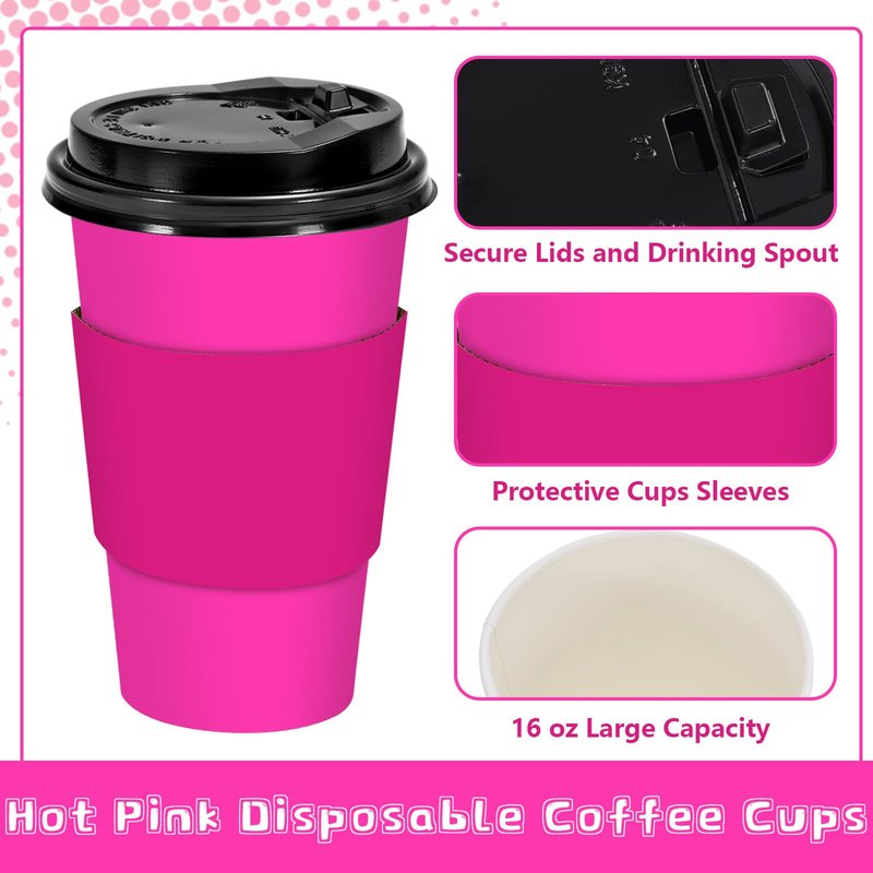 Whaline 80 Set Hot Pink Disposable Coffee Cups with Lids and Sleeves Pink Girl Paper Drinking Cups for Birthday Wedding Party Supplies