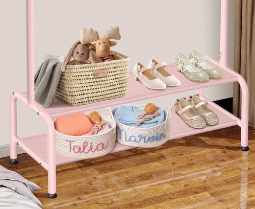 Mirolam Kids Clothing Rack - Dress Up Storage Solution for Little Girls - Small Costume Wardrobe with 2 Fabric Shelves