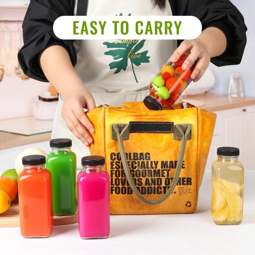 Miukada Glass Juice Bottles with Lids 12 oz, Reusable Glass Bottles 6 pcs, Square Juice Jars, Drink Containers with Caps for Smoothies, Kombucha, Beverages