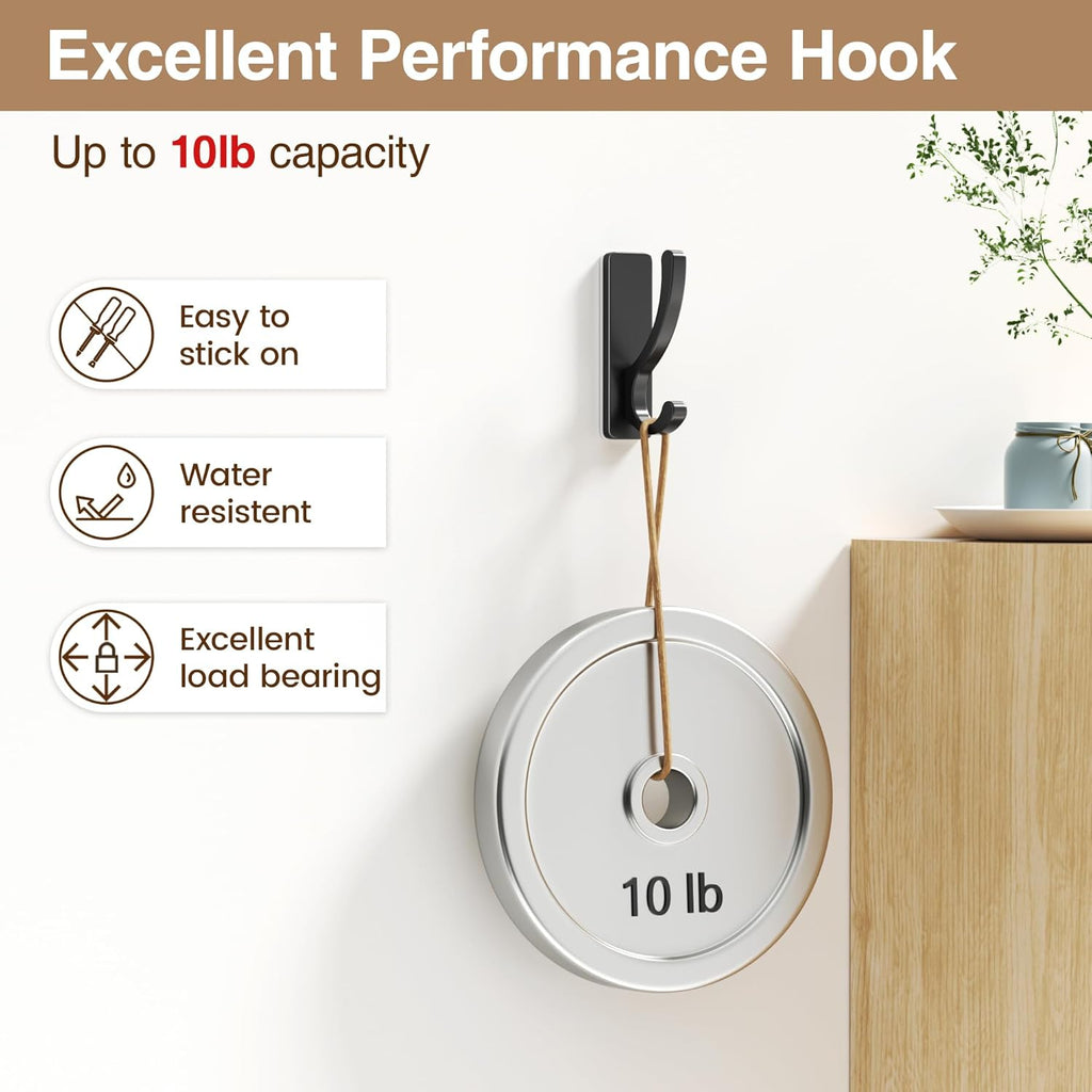 Pickpiff Adhesive Wall Hooks - Heavy Duty Sticky Hooks for Towels, Coats & Bags | No Damage, Black 4 Pack