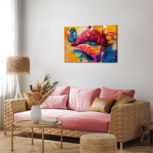 iHAPPYWALL Abstract Lip Canvas Wall Art Graffiti Paintings Colorful Mouth Butterfly Picture Pop Art Posters Prints Modern Romantic Bedroom Decor Framed