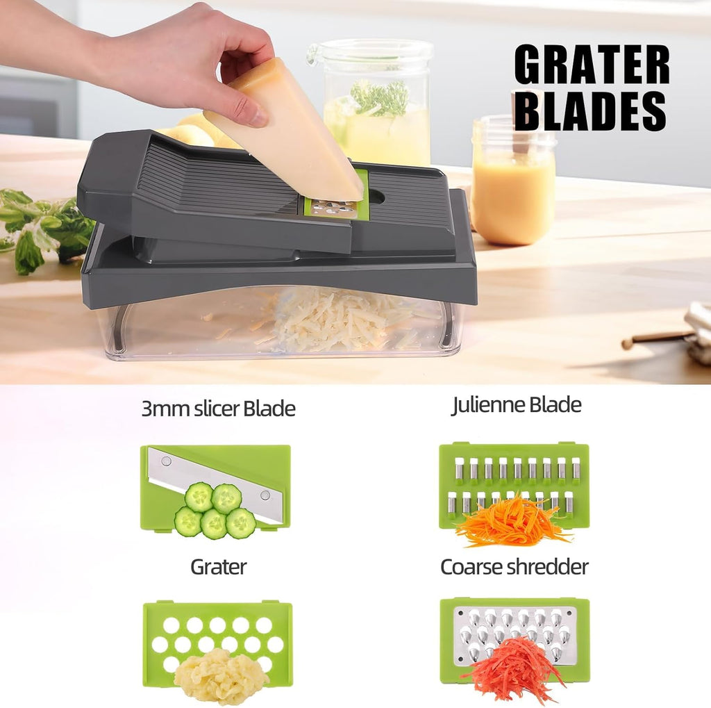 RüK 10-in-1 Vegetable Chopper - Versatile 6 Blade Food Dicer & Grater with Container | Gray Kitchen Gadget