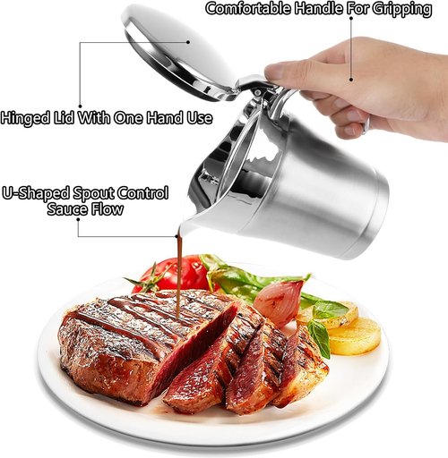 Stainless-Steel Double Insulated Gravy Boat - Sauce Jug with Hinged Lid, Ideal for Gravy or Cream at Thanksgiving, Gravy Pitcher - 16 oz/450 ml
